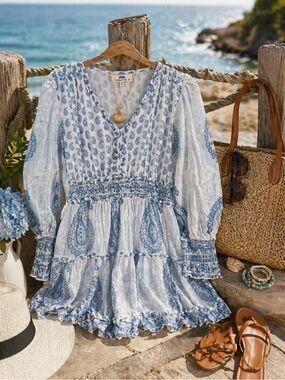 NIBI MTK Paisley Mini Dress Blue White Boho Tiered Ruffle V Neck  Small